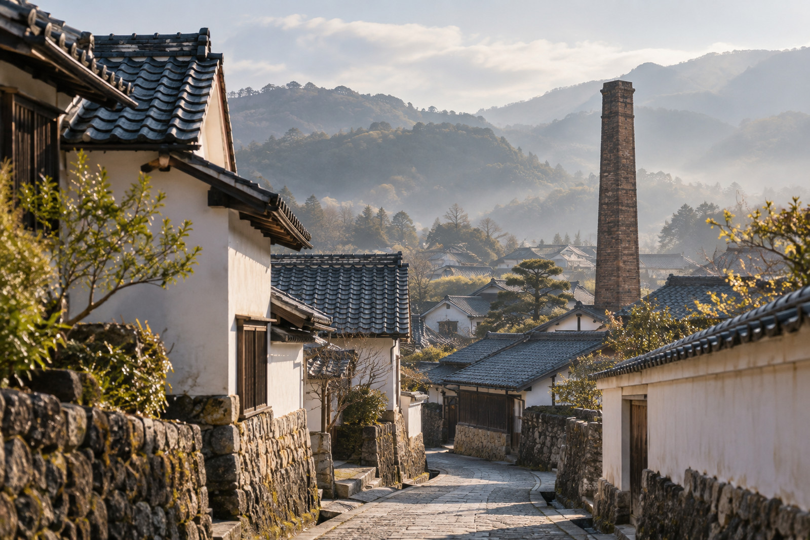 レンガの煙突と瓦屋根が並ぶ焼き物の町の風景