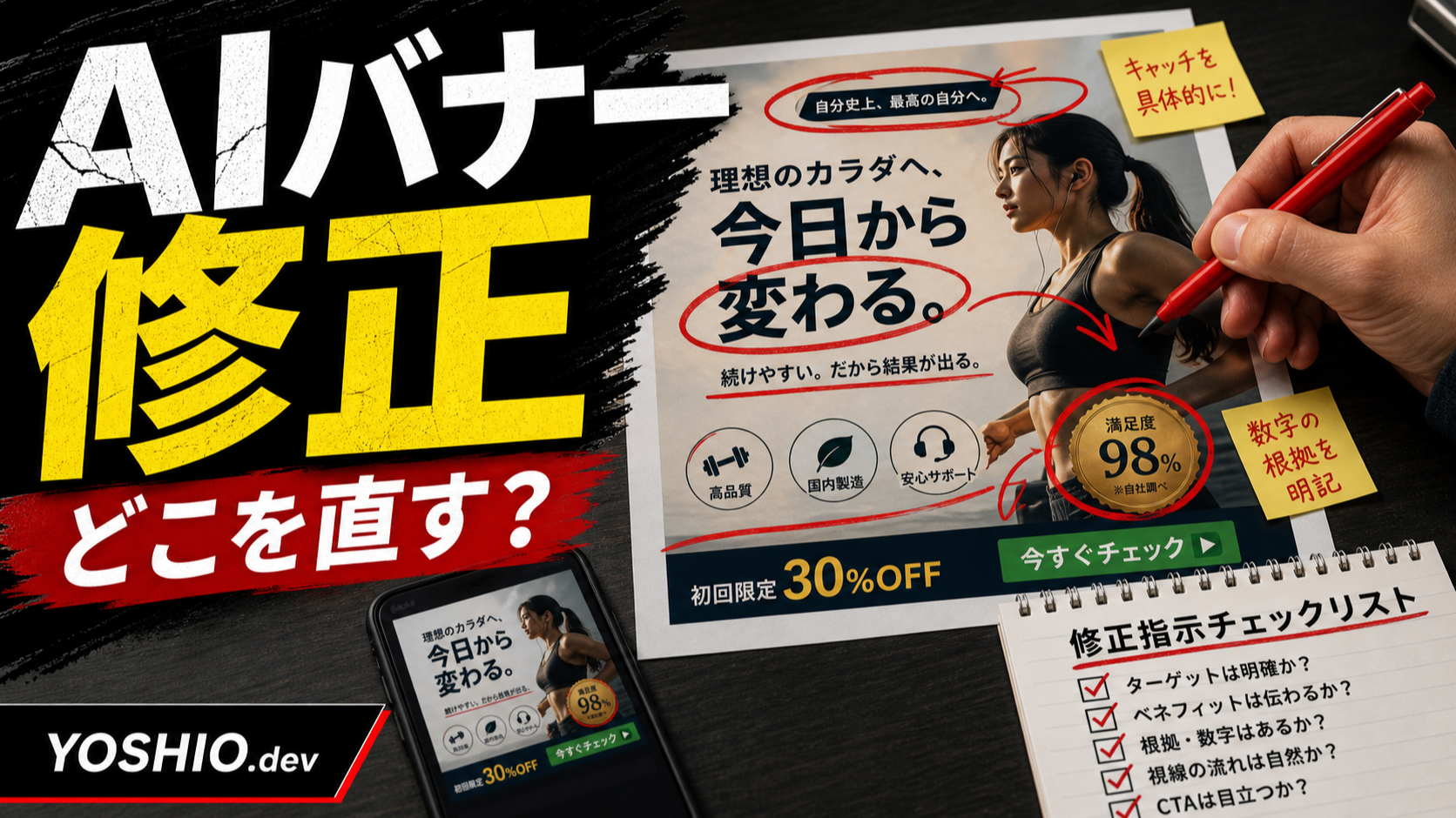AI画像・バナーの初稿に赤入れし、修正指示で使える素材に近づけるサムネイル
