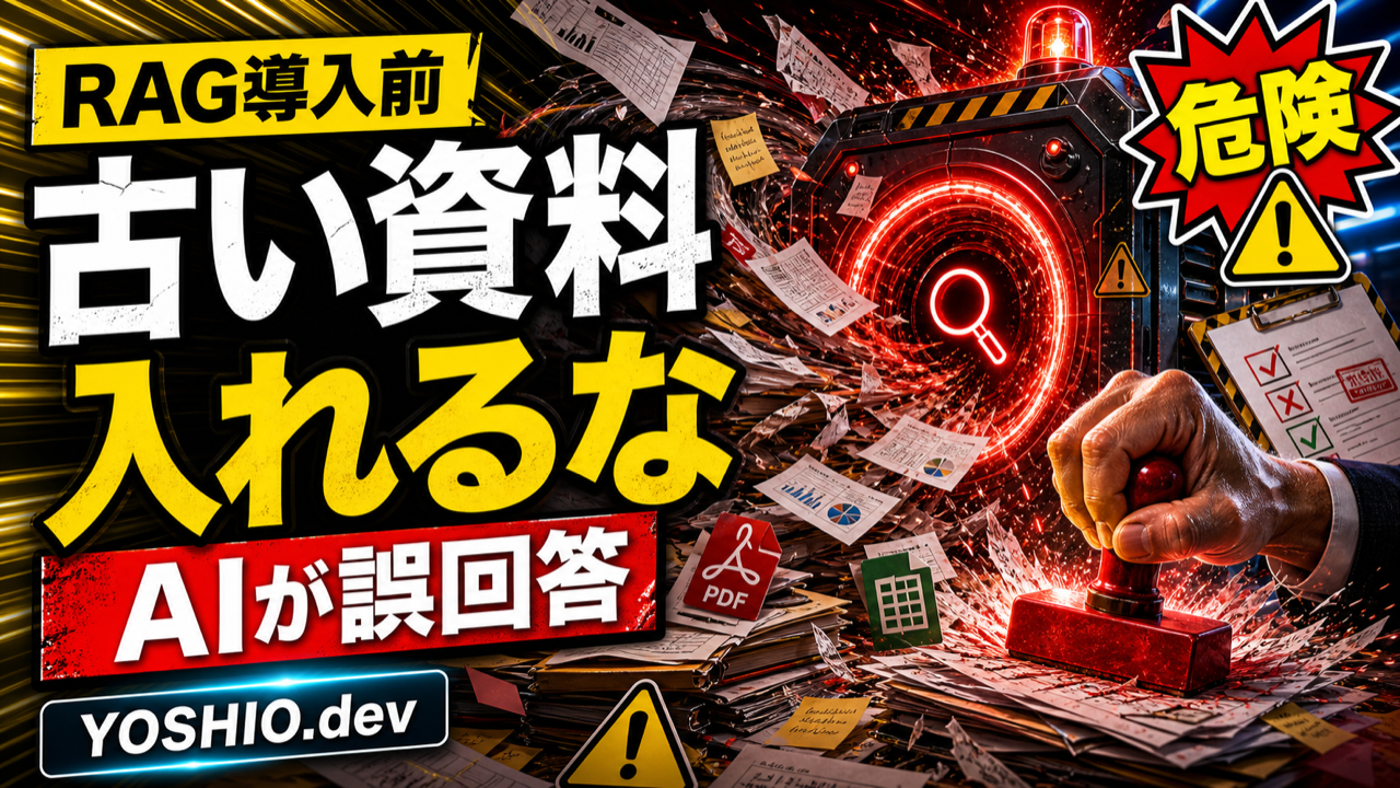 RAG導入前に古い社内資料を整理しないとAI検索が誤回答することを伝えるサムネイル