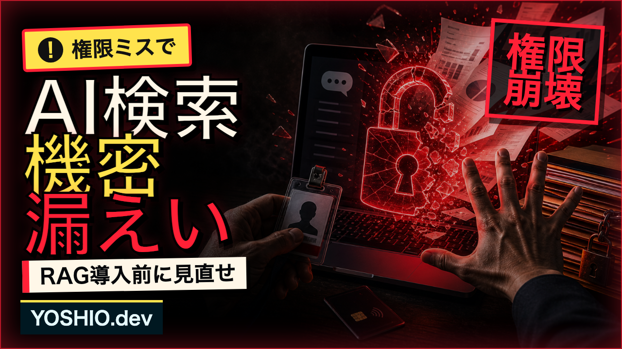 AI検索が権限ミスで機密資料を漏えいする危険性を大きな文字で警告するサムネイル