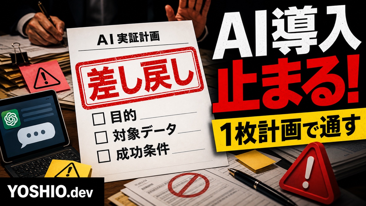 AI導入が稟議で差し戻される場面と目的・対象データ・成功条件の1枚計画書を示すサムネイル