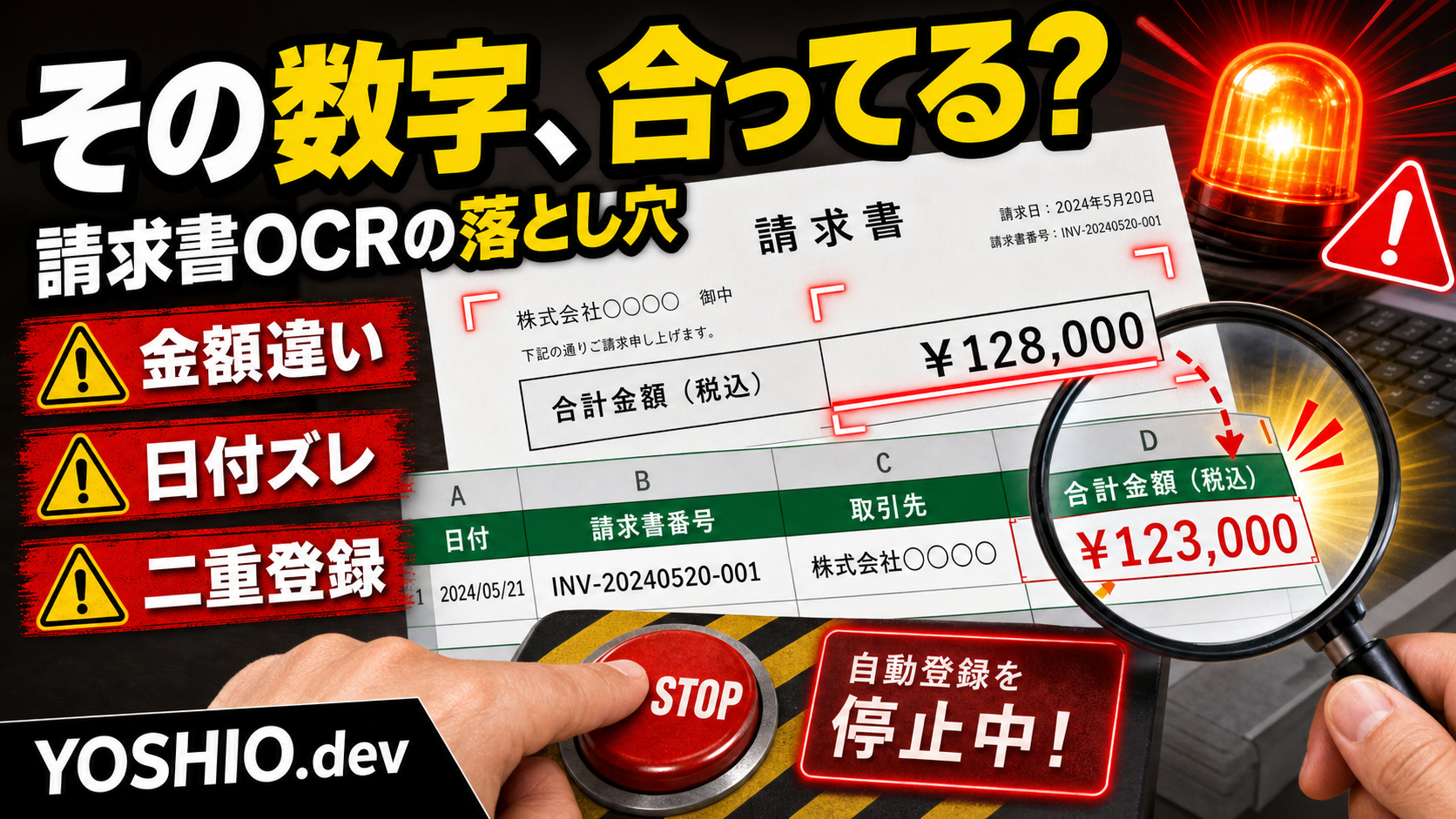 請求書OCRが金額を誤読し、人が虫眼鏡で確認して自動登録を止めるアイキャッチ