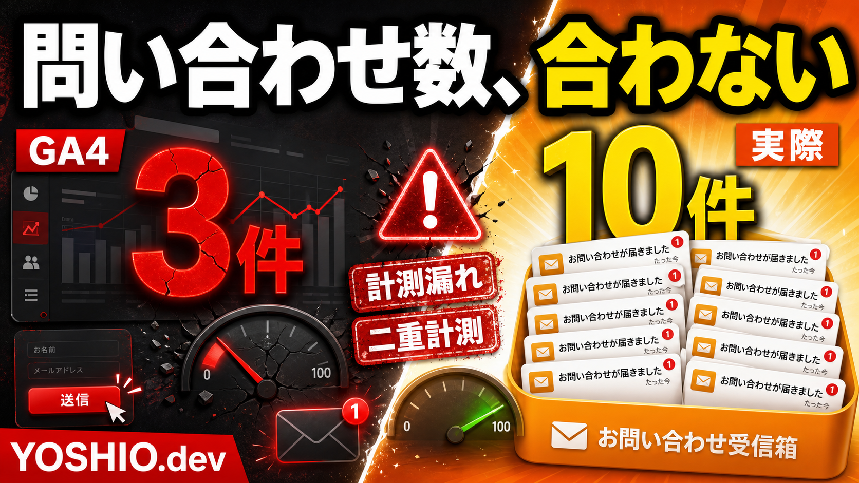 GA4の問い合わせ3件と実際10件の差を示す計測漏れ・二重計測のアイキャッチ