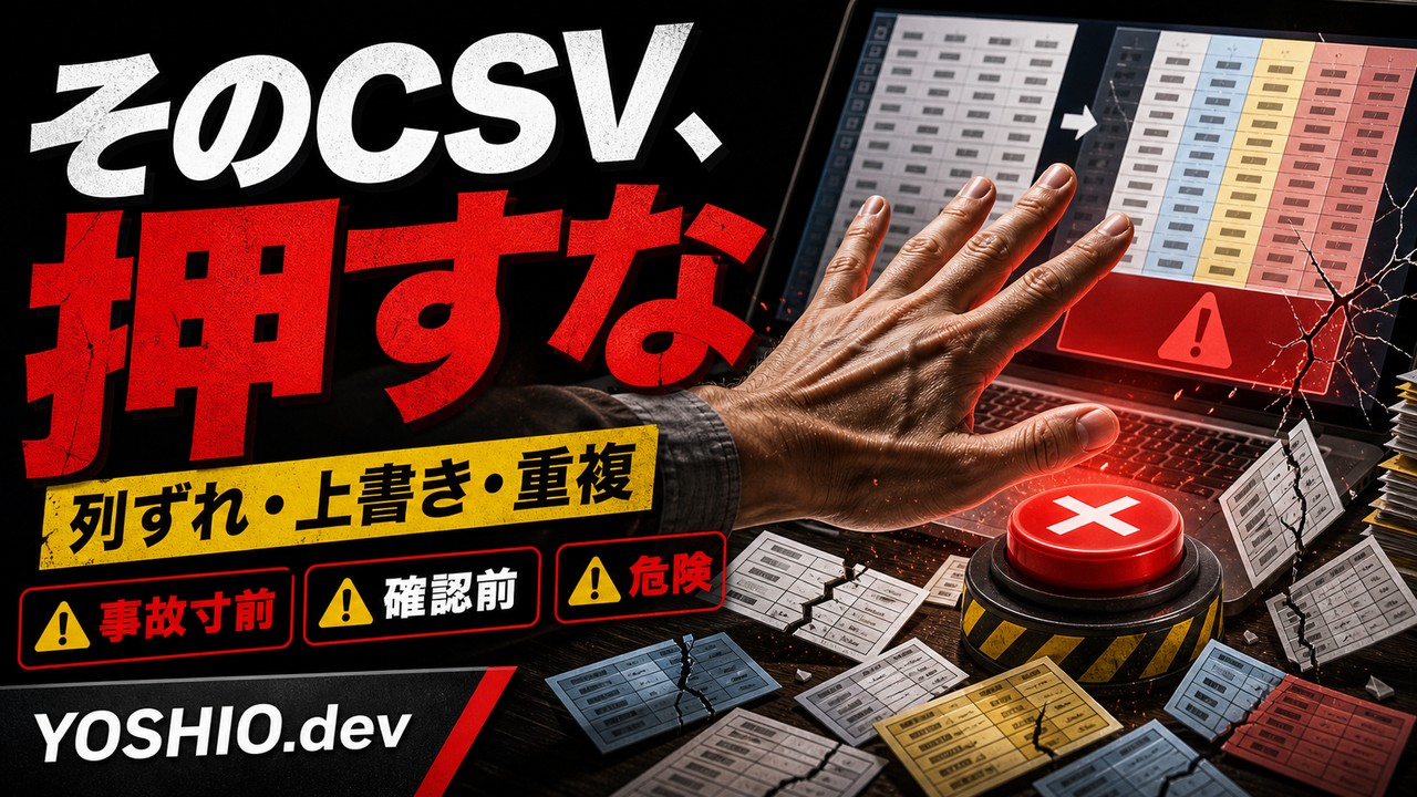 CSVインポート前に列ずれ・上書き・重複を警告し、危険な登録を止めるアイキャッチ