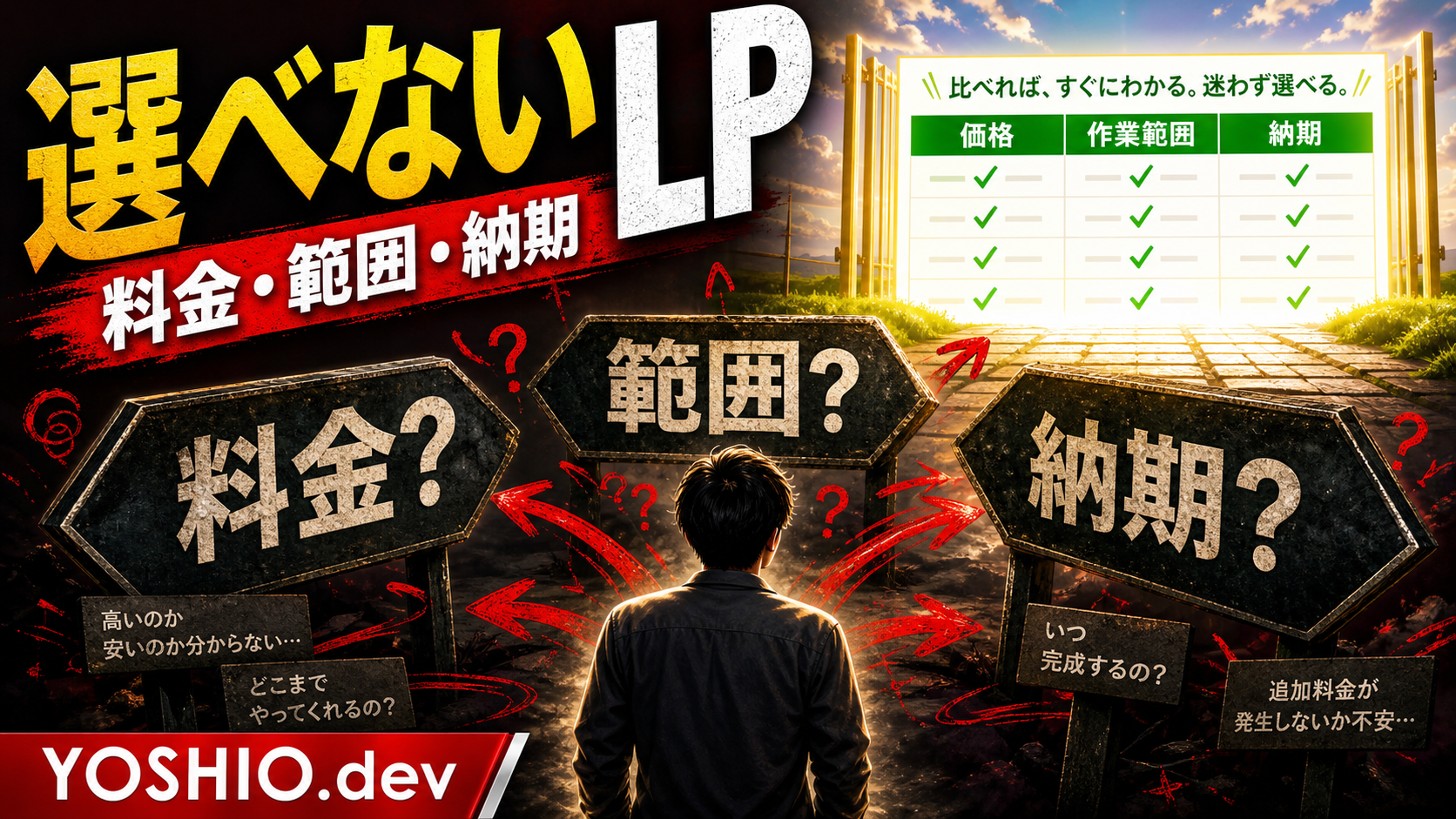 LPの比較表で料金・納期・対応範囲が伝わらず選ばれない状態を示すサムネイル