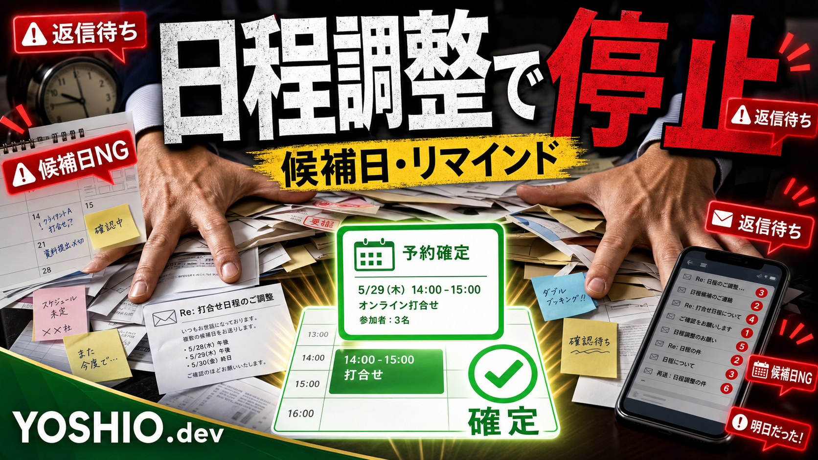 日程調整のメール往復と通知を予約確定カードで整理するアイキャッチ