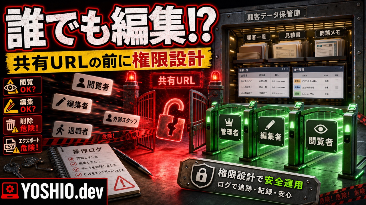 共有URLのまま小型業務ツールを運用すると誰でも編集できる危険を権限ゲートで防ぐアイキャッチ