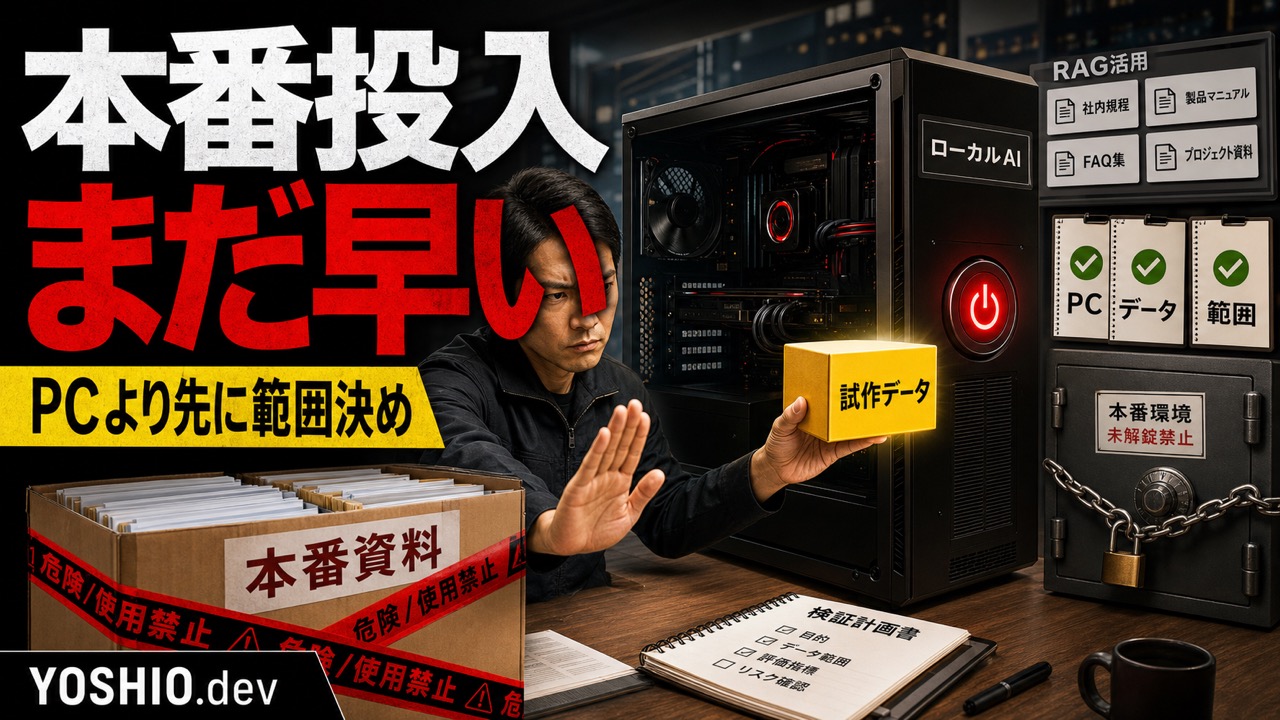 ローカルLLM用PCの前で本番資料を止め、試作データとPC・データ・範囲のチェックリストを示すアイキャッチ