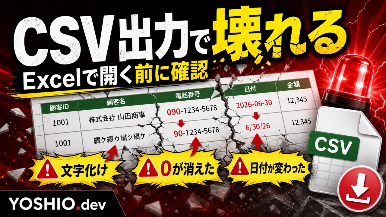 CSV出力でExcelが壊す前に|文字化け・日付変換・先頭ゼロ落ちを防ぐ設計