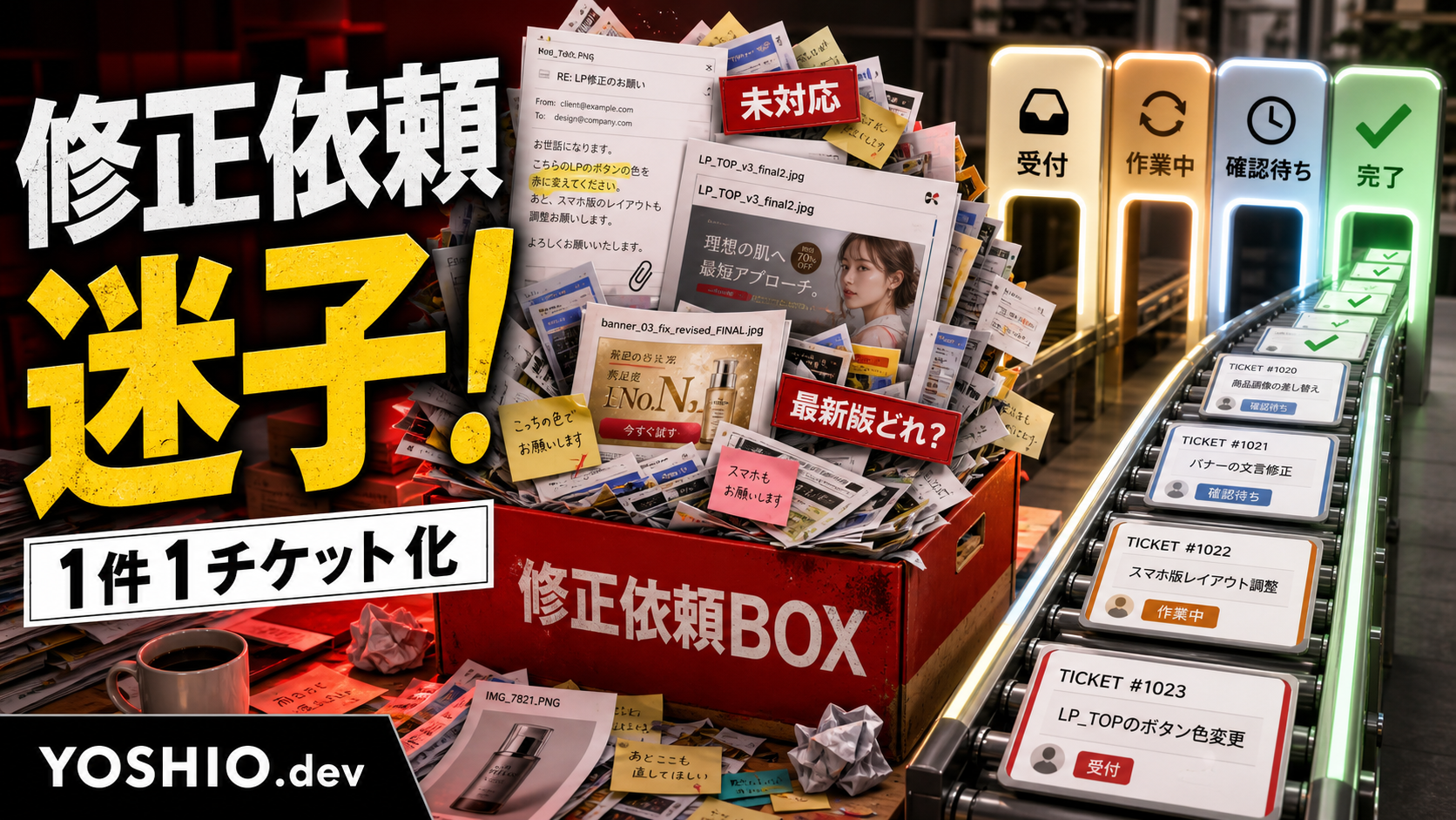 修正依頼が詰まったBOXからチケット管理レーンへ整理される業務自動化のアイキャッチ
