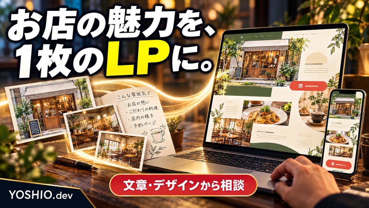 地域店舗の写真と構成メモが、ノートPCとスマートフォンの完成LPになる制作イメージ。見出しは「お店の魅力を、1枚のLPに。」
